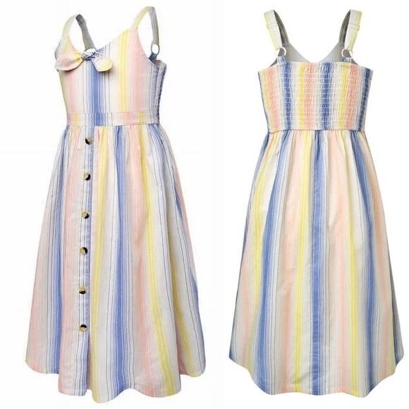 Jessica Simpson Girls Midi maxi button front Dress Stripe boho smocked cotton 12 - Picture 1 of 12